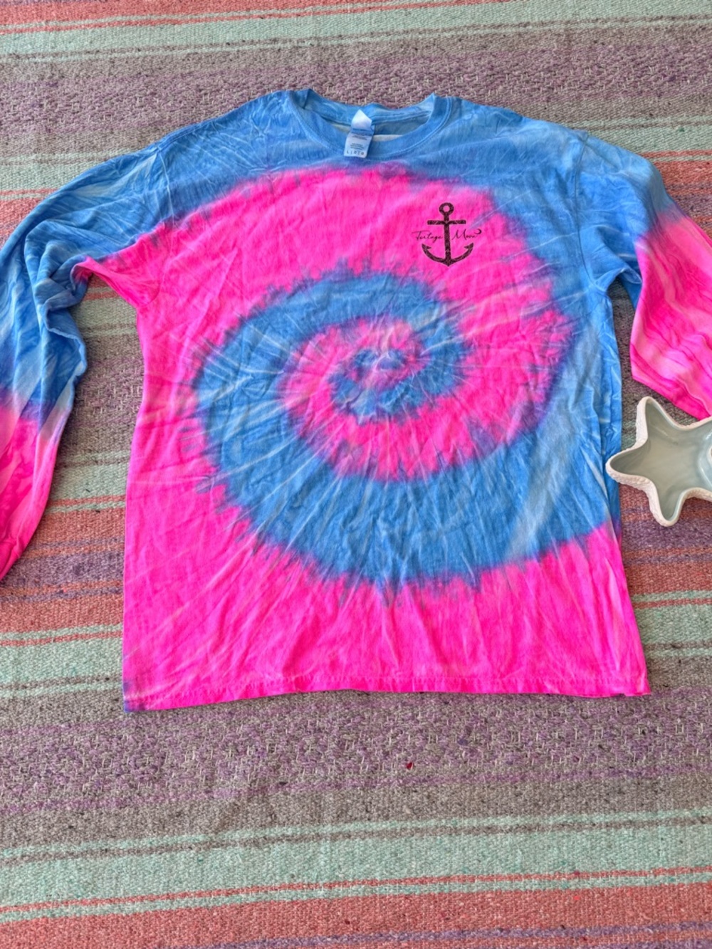Colortone Tie Dye Long Sleeve Graphic Tee Large Pink Blue Anchor Mermaid Shirt